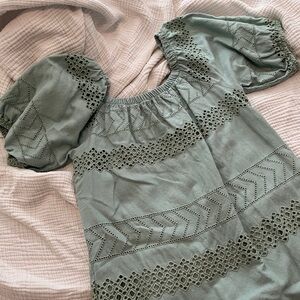 Green Eyelet Puff Sleeve Top